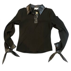 Nanushka Black Fitted Long Sleeve Crepe Shirt with Vegan Leather Trim Small